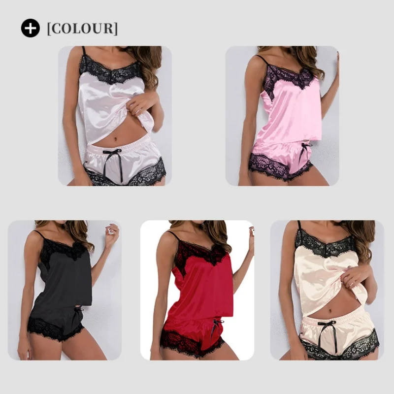 Ladies Summer Two Pieces Sets Shorts Suspenders Vest Pajamas Sexy Thin Sleeveless Lingerie  V-Neck Lace Solid Elastic Underwear