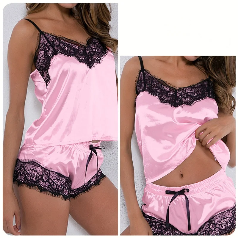 Ladies Summer Two Pieces Sets Shorts Suspenders Vest Pajamas Sexy Thin Sleeveless Lingerie  V-Neck Lace Solid Elastic Underwear