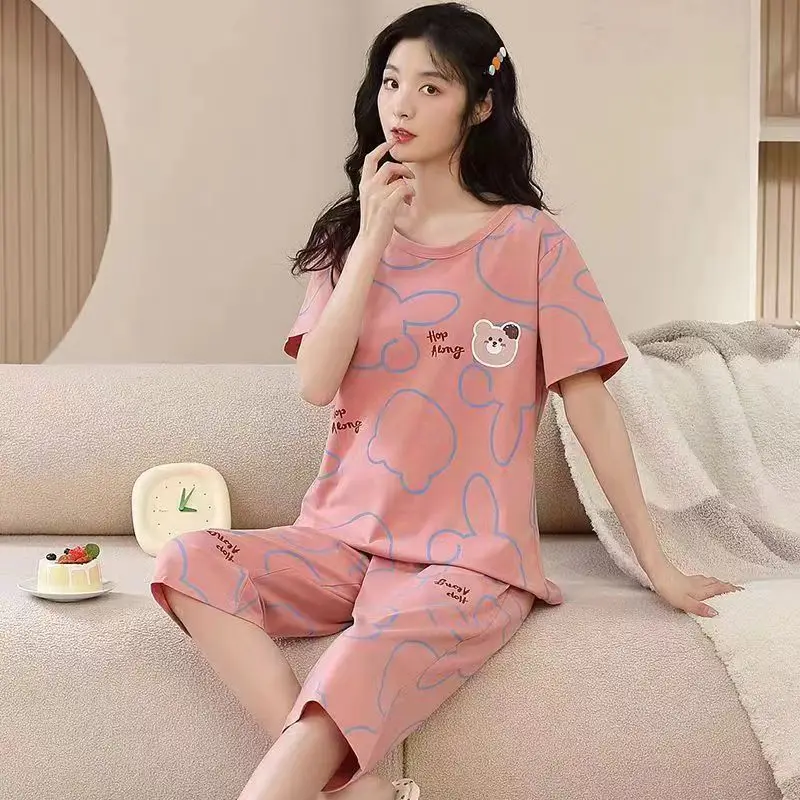 Pajamas Women Seven-Minute Trousers Thin Section Suit Large Size Air-Conditioning Clothing Brown Bear Home Wear Pink Can Be Worn