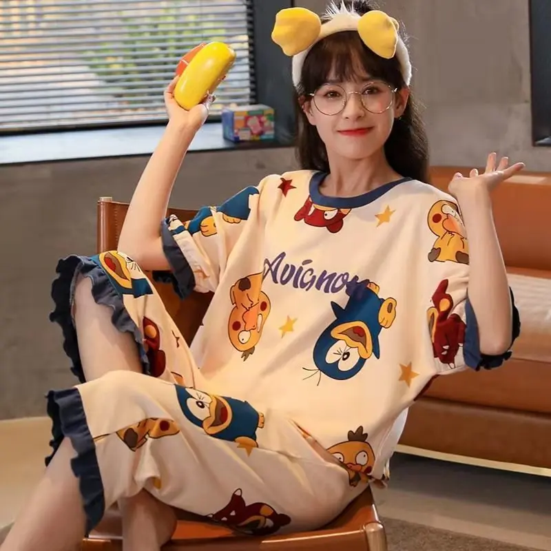 Pajamas Women Seven-Minute Trousers Thin Section Suit Large Size Air-Conditioning Clothing Brown Bear Home Wear Pink Can Be Worn