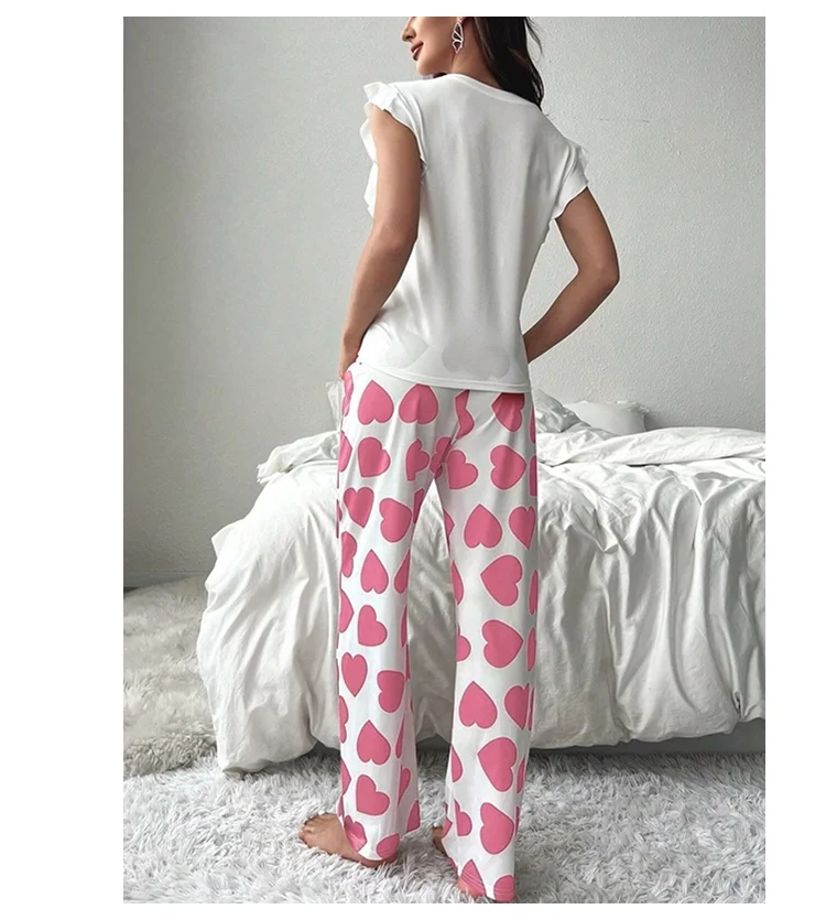 Heart & Letter Printed Womens Pajama Pj Set Soft Short Sleeve Tops & Elastic Waist Pants Pyjama Pijama Femme Casual Home Clothes