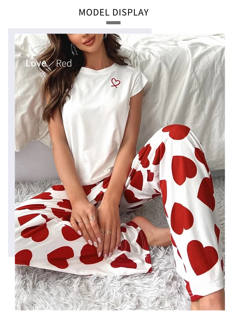 Heart & Letter Printed Womens Pajama Pj Set Soft Short Sleeve Tops & Elastic Waist Pants Pyjama Pijama Femme Casual Home Clothes
