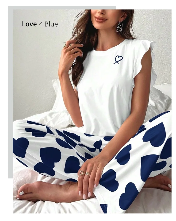 Heart & Letter Printed Womens Pajama Pj Set Soft Short Sleeve Tops & Elastic Waist Pants Pyjama Pijama Femme Casual Home Clothes