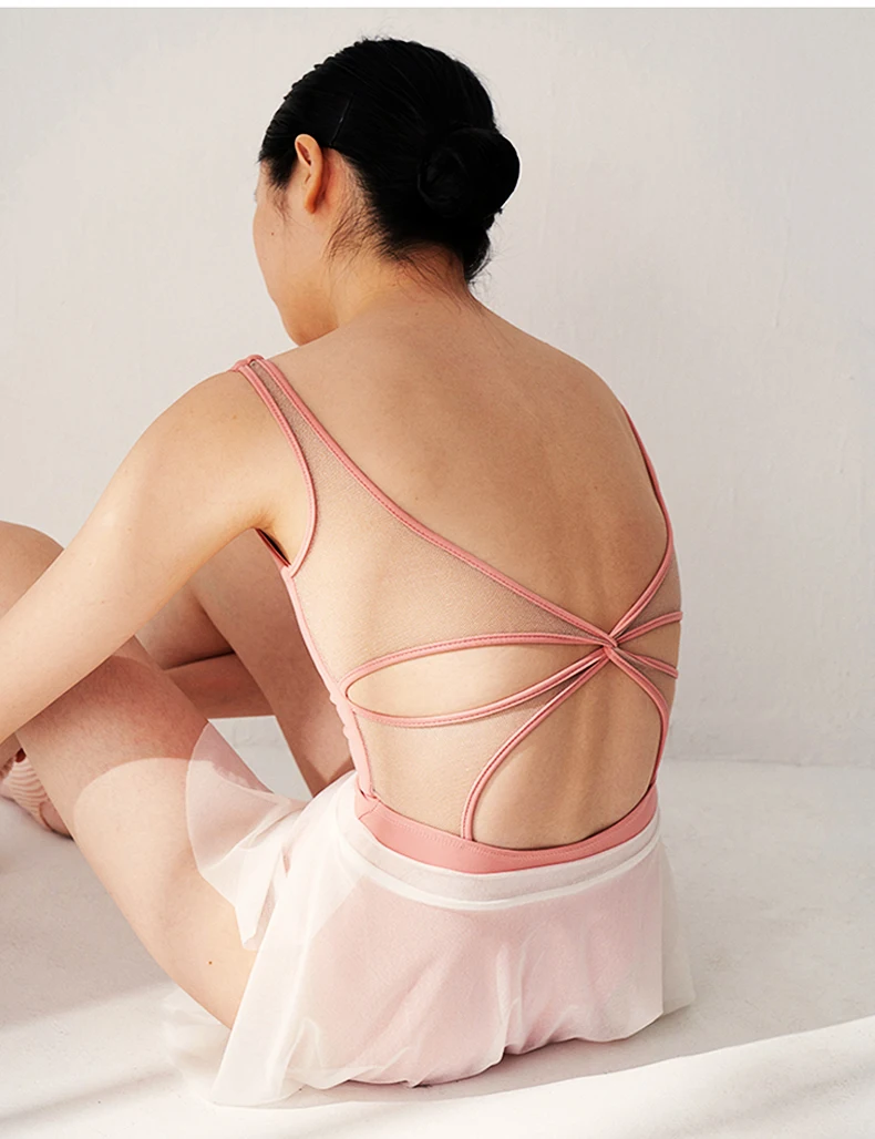 Women Ballet Leotards Trumpet Sleeve Dance Leotard Stand Collar Pleated Mesh Splice Gymnastics Leotard Women Ballet Bodysuit