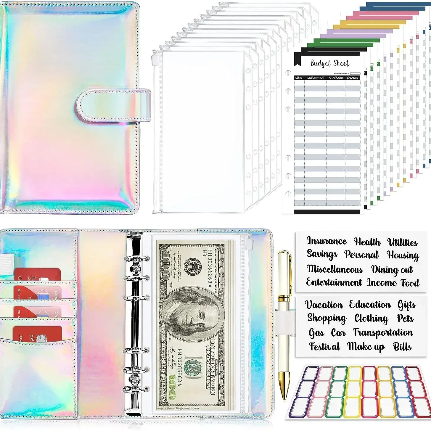 2024 Laser Budget Binder Zipper Envelopes Organizer Cash Envelopes for Budgeting Saving Money A6 Planner 6 Pockets Accessories
