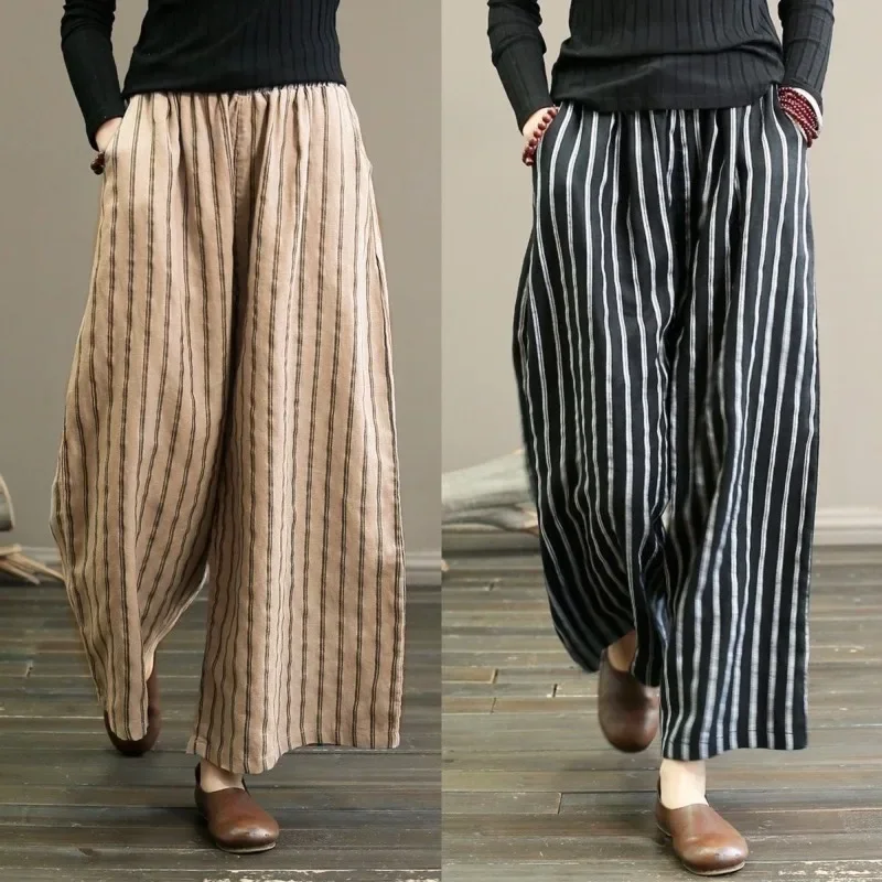 Women's Pants Summer Vintage Cotton and Linen Striped Wide-leg Pants Skinny Draped Casual Straight Nine Pants Casual Trousers