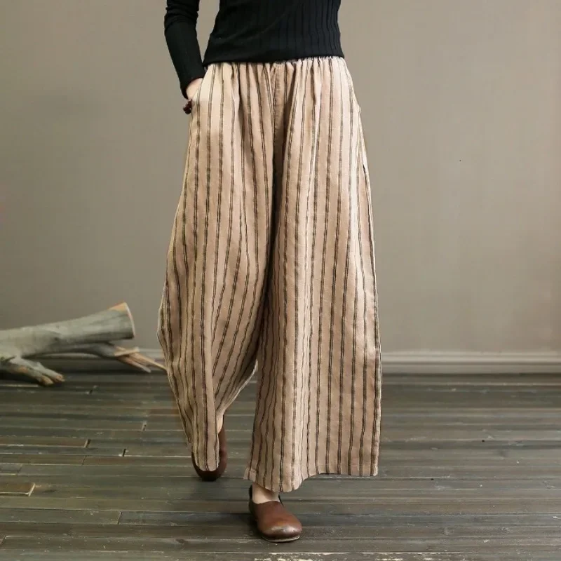 Women's Pants Summer Vintage Cotton and Linen Striped Wide-leg Pants Skinny Draped Casual Straight Nine Pants Casual Trousers