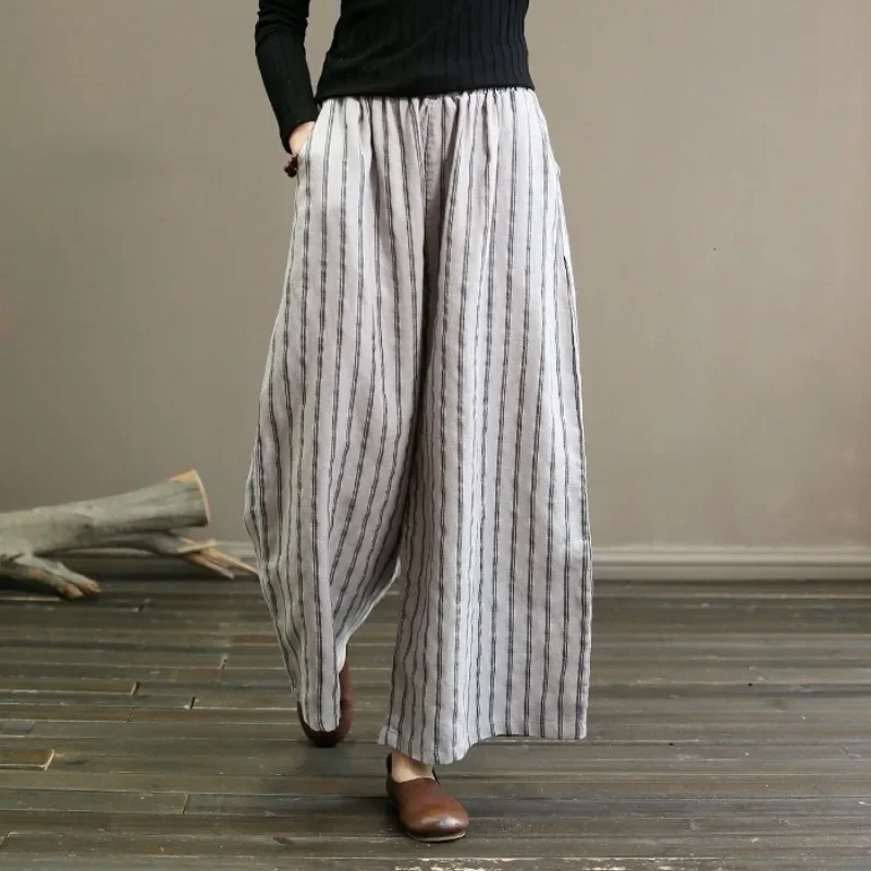 Women's Pants Summer Vintage Cotton and Linen Striped Wide-leg Pants Skinny Draped Casual Straight Nine Pants Casual Trousers