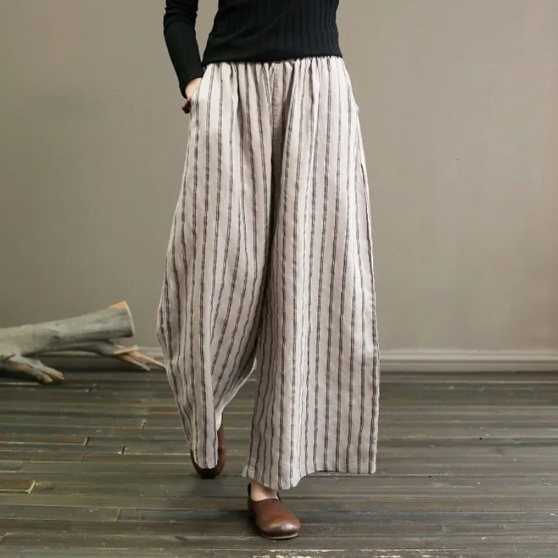 Women's Pants Summer Vintage Cotton and Linen Striped Wide-leg Pants Skinny Draped Casual Straight Nine Pants Casual Trousers