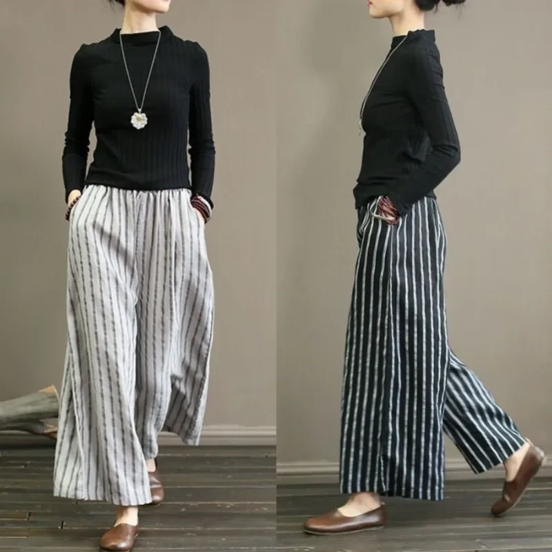 Women's Pants Summer Vintage Cotton and Linen Striped Wide-leg Pants Skinny Draped Casual Straight Nine Pants Casual Trousers