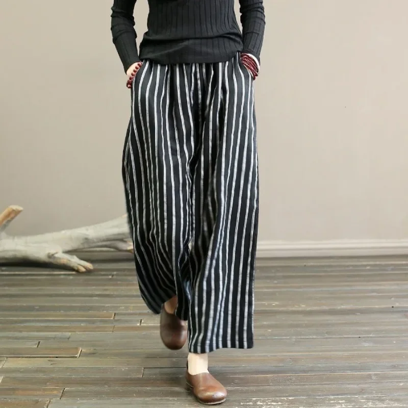 Women's Pants Summer Vintage Cotton and Linen Striped Wide-leg Pants Skinny Draped Casual Straight Nine Pants Casual Trousers
