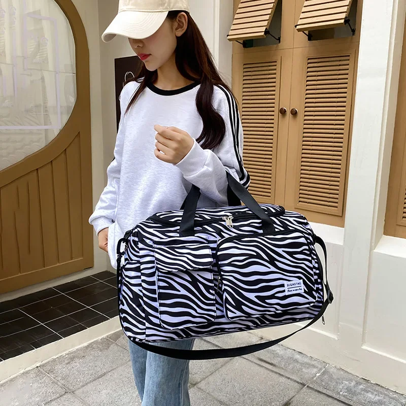 Travel Bag Women's Handbag Leopard Zebra Camouflage Waterproof Large Pull Rod Boarding Fitness Dry Wet Separation Luggage Bag