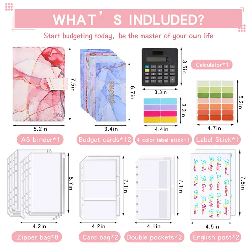 A6 Marble with Calculator Money Budget Planner Binder Zipper Envelopes Cash Envelopes For Budgeting Money Organizer Binder