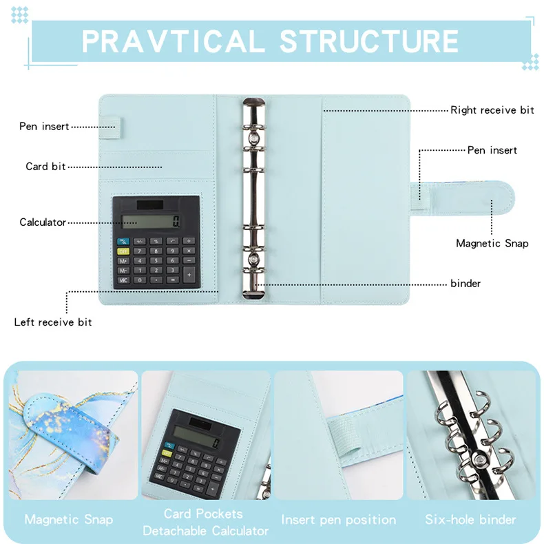 A6 Marble with Calculator Money Budget Planner Binder Zipper Envelopes Cash Envelopes For Budgeting Money Organizer Binder