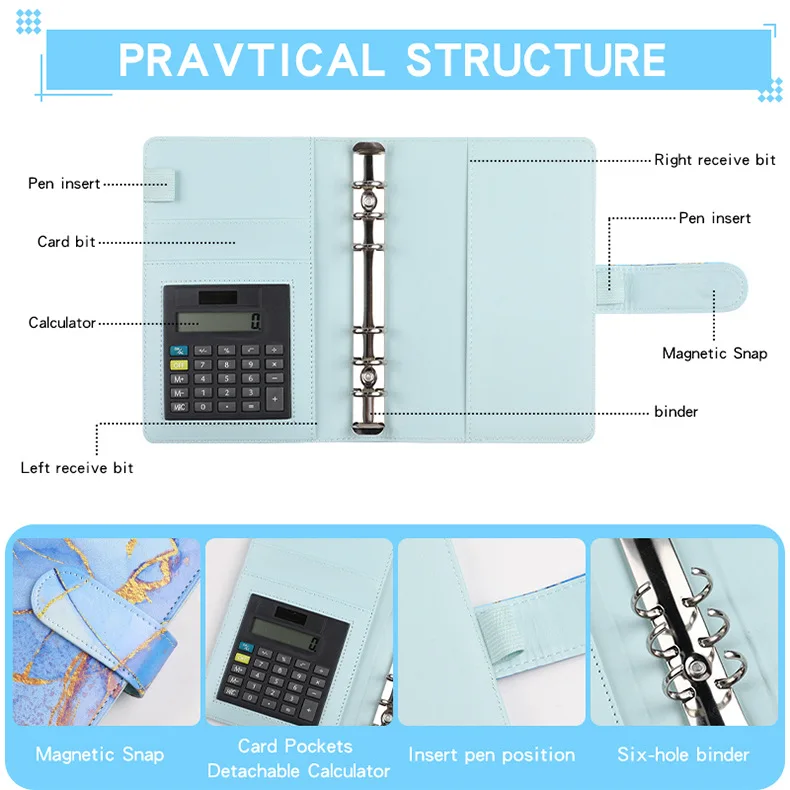 A6 Marble with Calculator Money Budget Planner Binder Zipper Envelopes Cash Envelopes For Budgeting Money Organizer Binder
