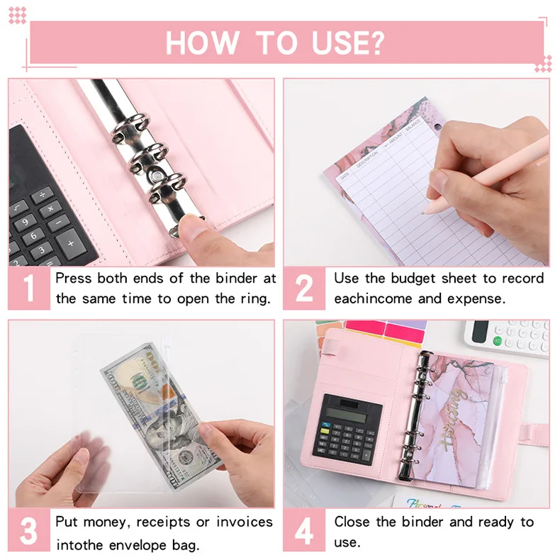 A6 Marble with Calculator Money Budget Planner Binder Zipper Envelopes Cash Envelopes For Budgeting Money Organizer Binder