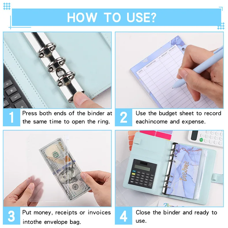 A6 Marble with Calculator Money Budget Planner Binder Zipper Envelopes Cash Envelopes For Budgeting Money Organizer Binder