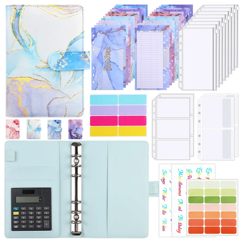 A6 Marble with Calculator Money Budget Planner Binder Zipper Envelopes Cash Envelopes For Budgeting Money Organizer Binder