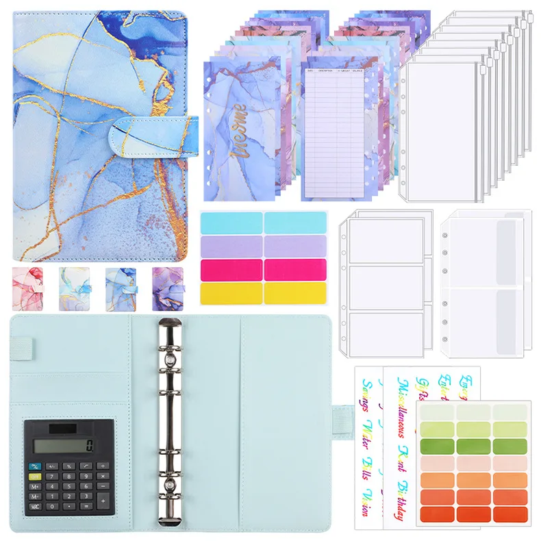 A6 Marble with Calculator Money Budget Planner Binder Zipper Envelopes Cash Envelopes For Budgeting Money Organizer Binder