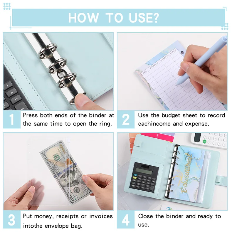 A6 Marble with Calculator Money Budget Planner Binder Zipper Envelopes Cash Envelopes For Budgeting Money Organizer Binder