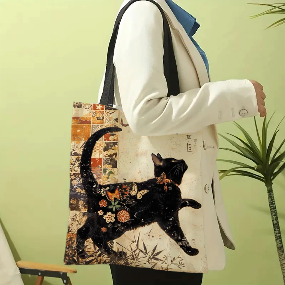 Classic Black And White Cat Tote Bag With Cat Print, Reusable Shoulder Shopping Beach Bag For Women, Durable Casual Carryall
