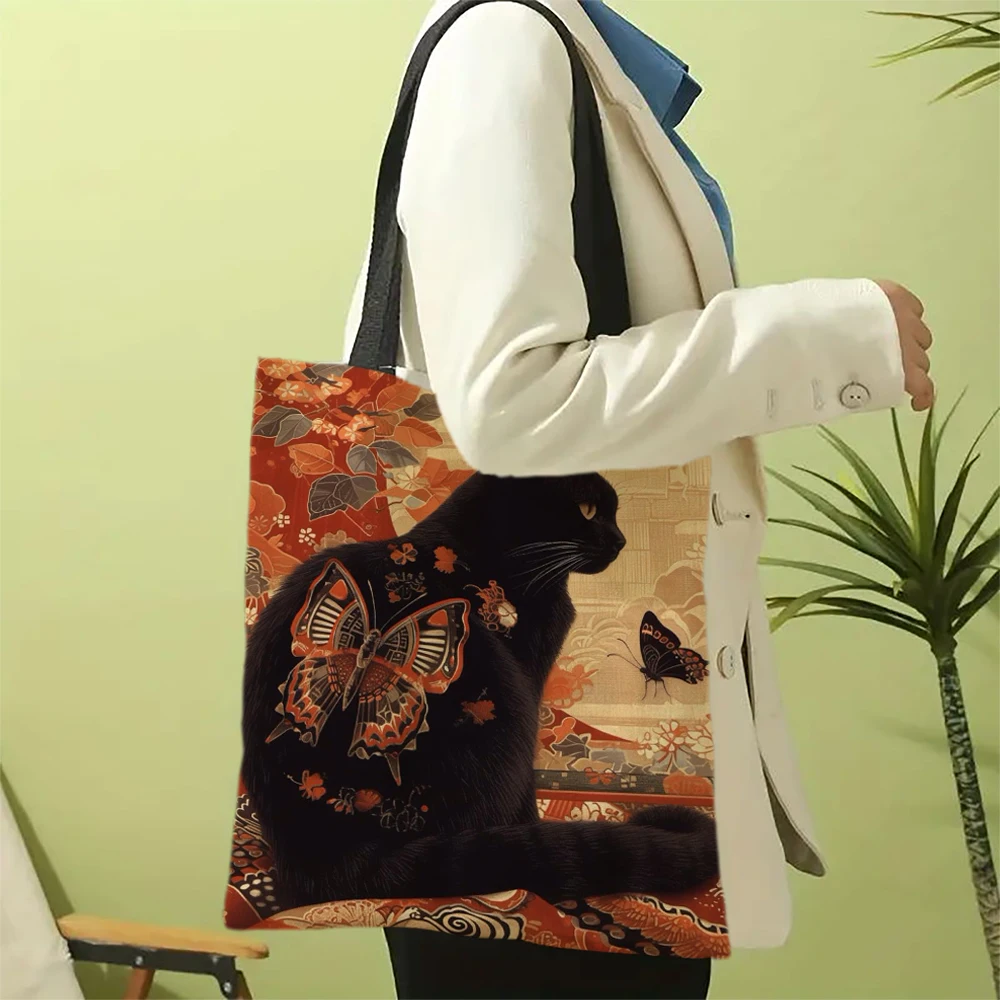 Classic Black And White Cat Tote Bag With Cat Print, Reusable Shoulder Shopping Beach Bag For Women, Durable Casual Carryall