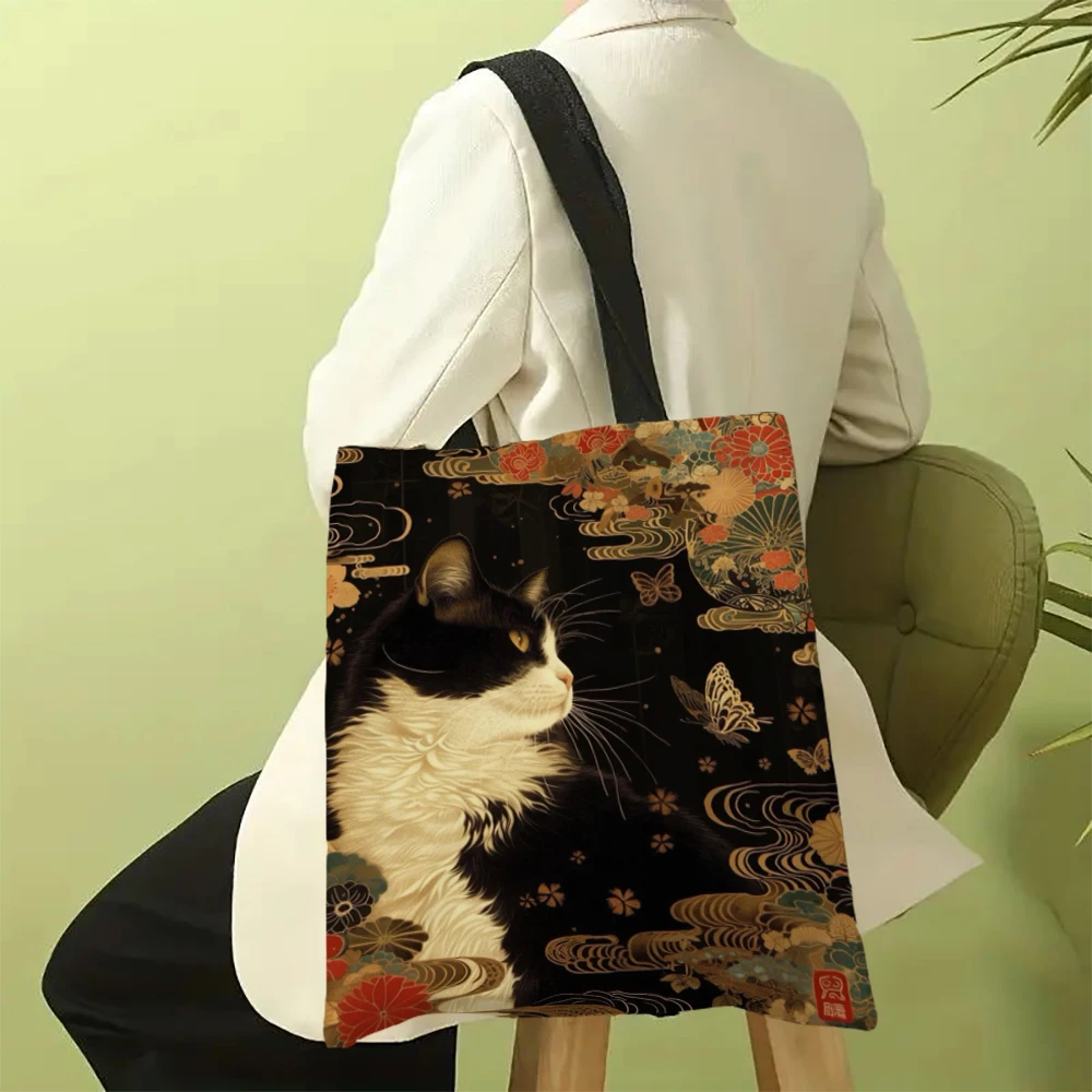 Classic Black And White Cat Tote Bag With Cat Print, Reusable Shoulder Shopping Beach Bag For Women, Durable Casual Carryall