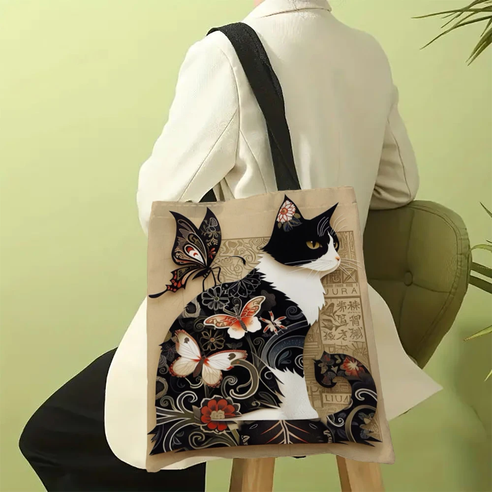 Classic Black And White Cat Tote Bag With Cat Print, Reusable Shoulder Shopping Beach Bag For Women, Durable Casual Carryall