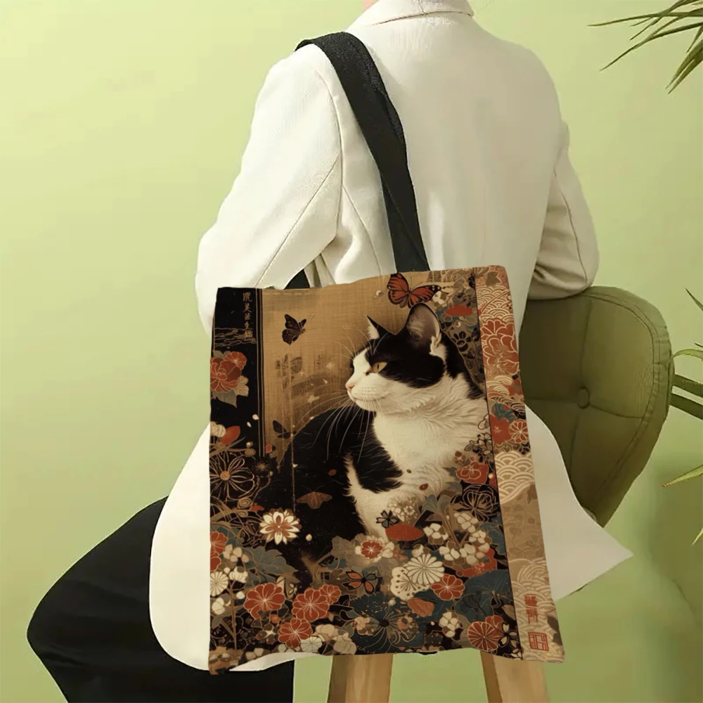 Classic Black And White Cat Tote Bag With Cat Print, Reusable Shoulder Shopping Beach Bag For Women, Durable Casual Carryall