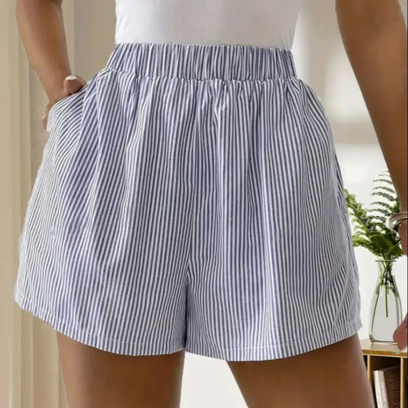 Striped Pattern Elastic Waist Shorts Casual Loose Shorts For Spring Summer Womens Clothing