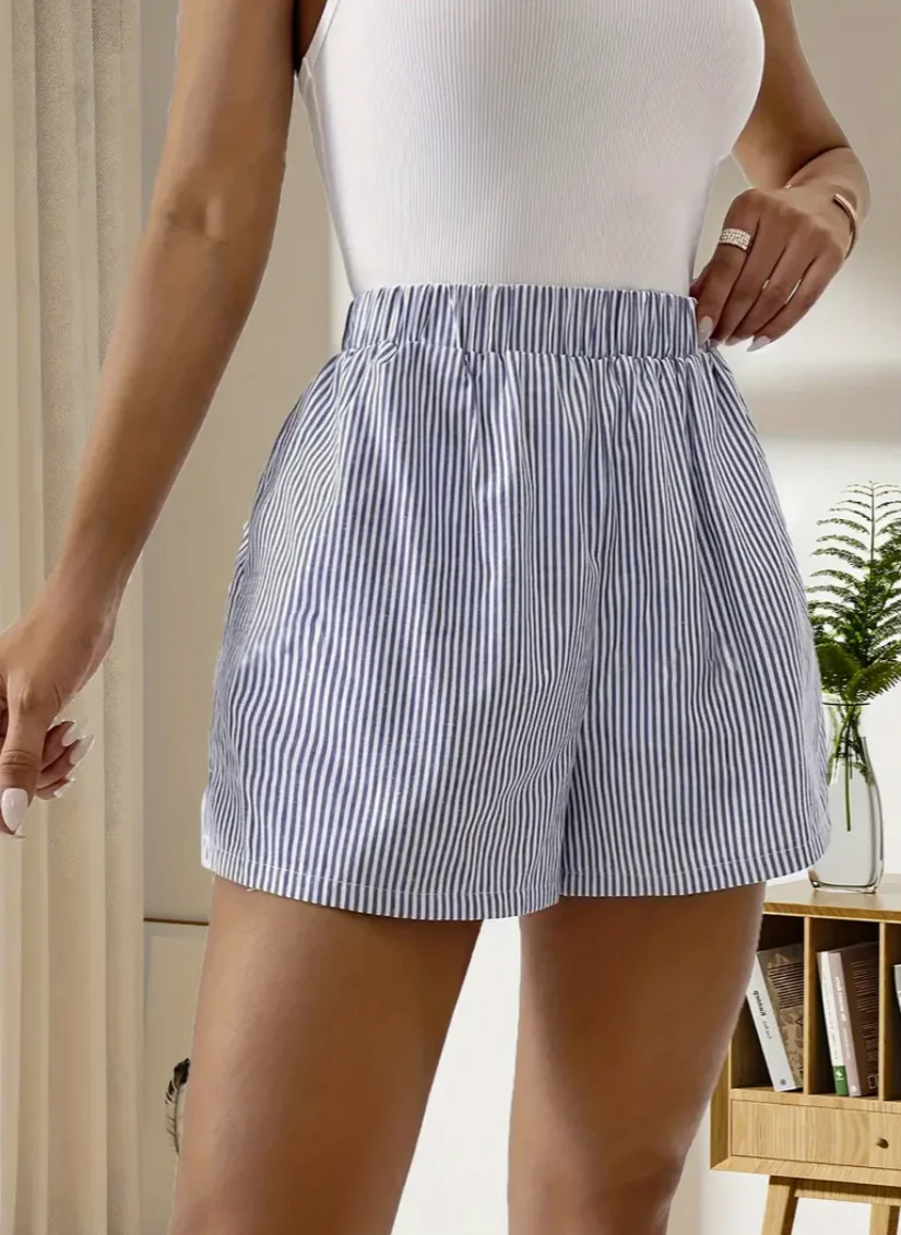 Striped Pattern Elastic Waist Shorts Casual Loose Shorts For Spring Summer Womens Clothing