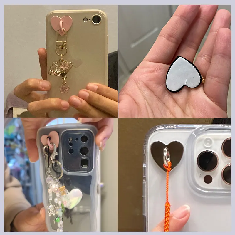 5PCS Kawaii Adhesive Metal Heart Phone Charm Holder Mobile Phone Case Finger Ring Stand Hook Buckle Charm Clasp Accessory String