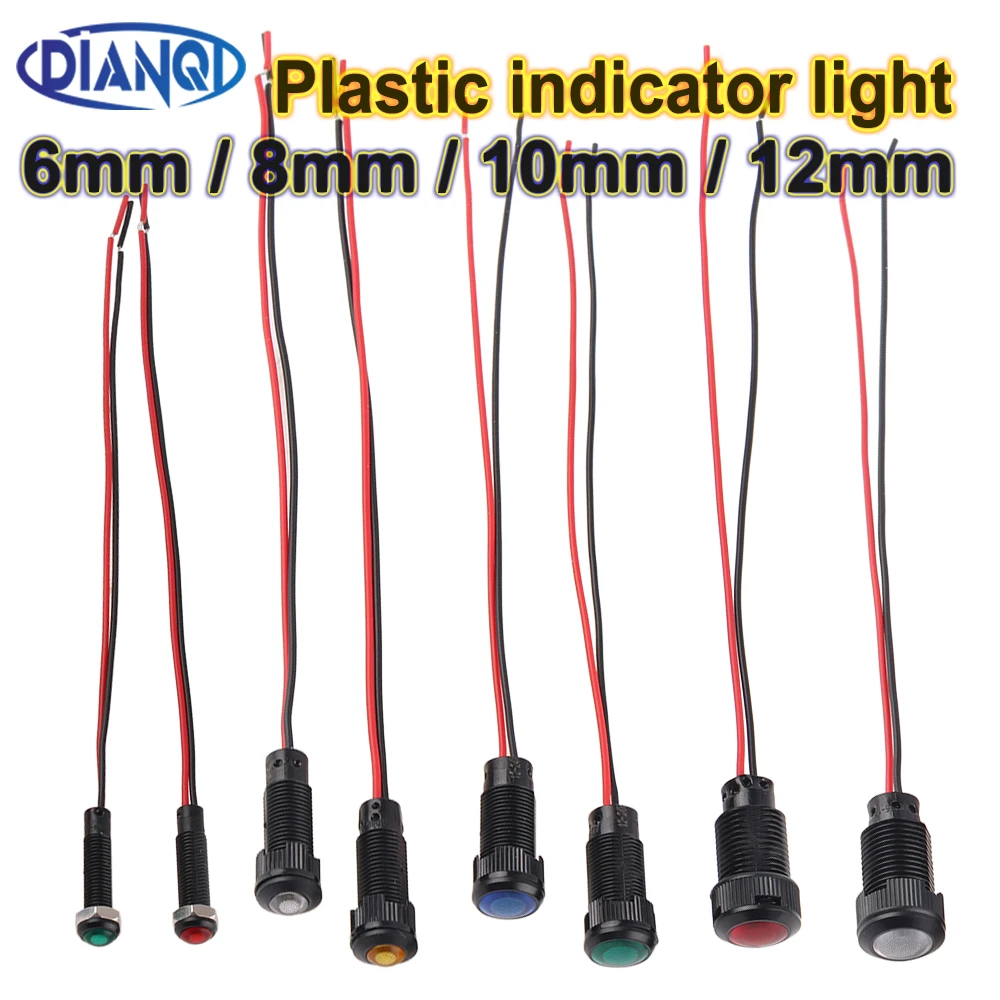 1/5pcs 6mm 8mm 10mm 12mm LED Indicator Light Plastic Black Signal Dot Lamp Red Yellow Blue Green White 3V6V12V24V110-220V