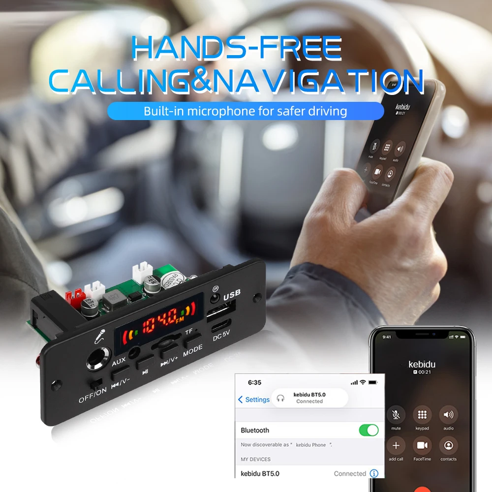 DC 5V 10W Bluetooth 5.0 Stereo DIY Car MP3 Player Decoder Board 2*5W Amplifier Wireless FM Radio Module TF USB Handsfree Call