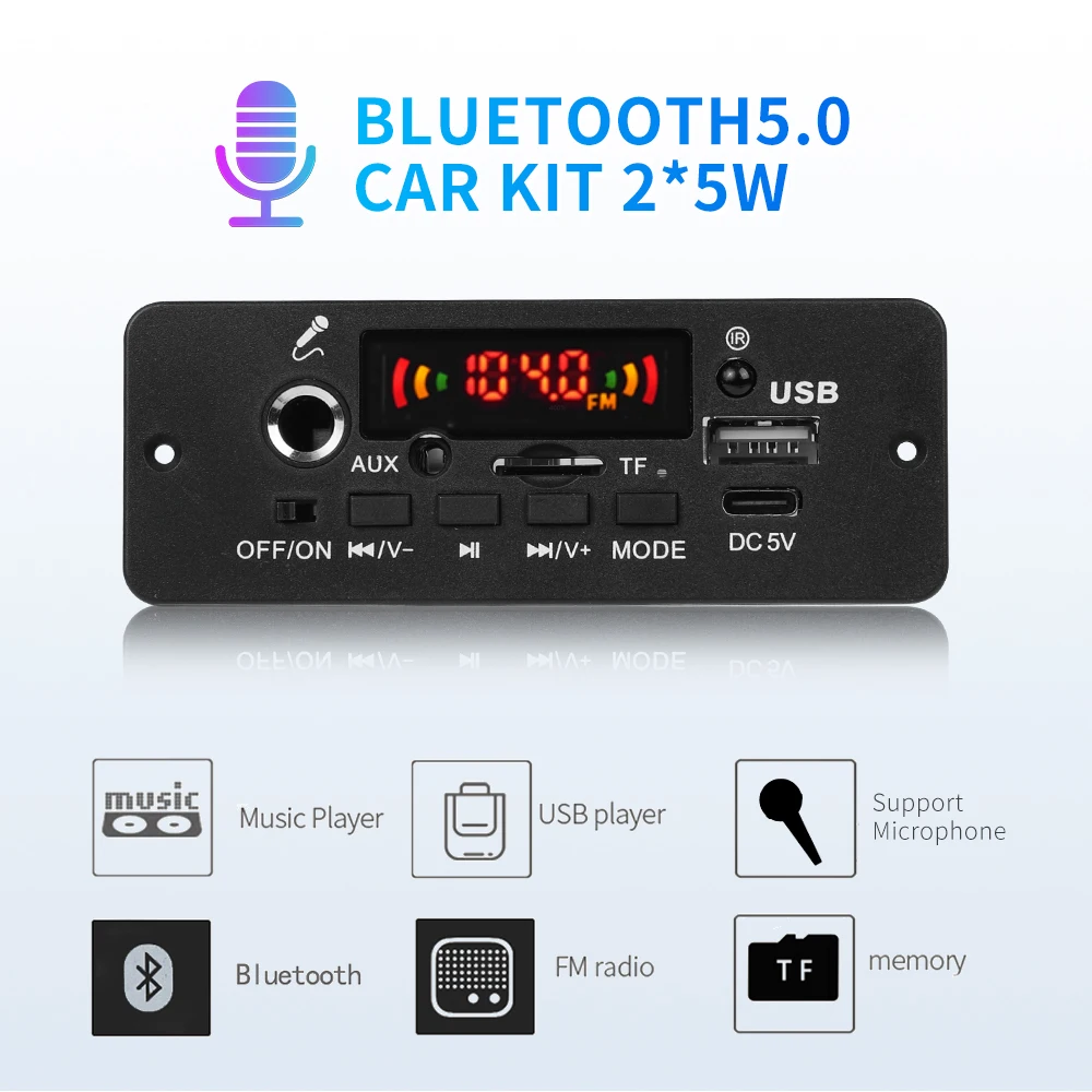 DC 5V 10W Bluetooth 5.0 Stereo DIY Car MP3 Player Decoder Board 2*5W Amplifier Wireless FM Radio Module TF USB Handsfree Call