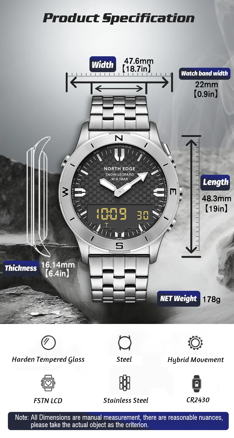 NORTH EDGE Men's Sports Digital Watch Waterproof 50M Altimeter Barometer Compass Business Luxury Men's Watch Outdoor Smartwatch