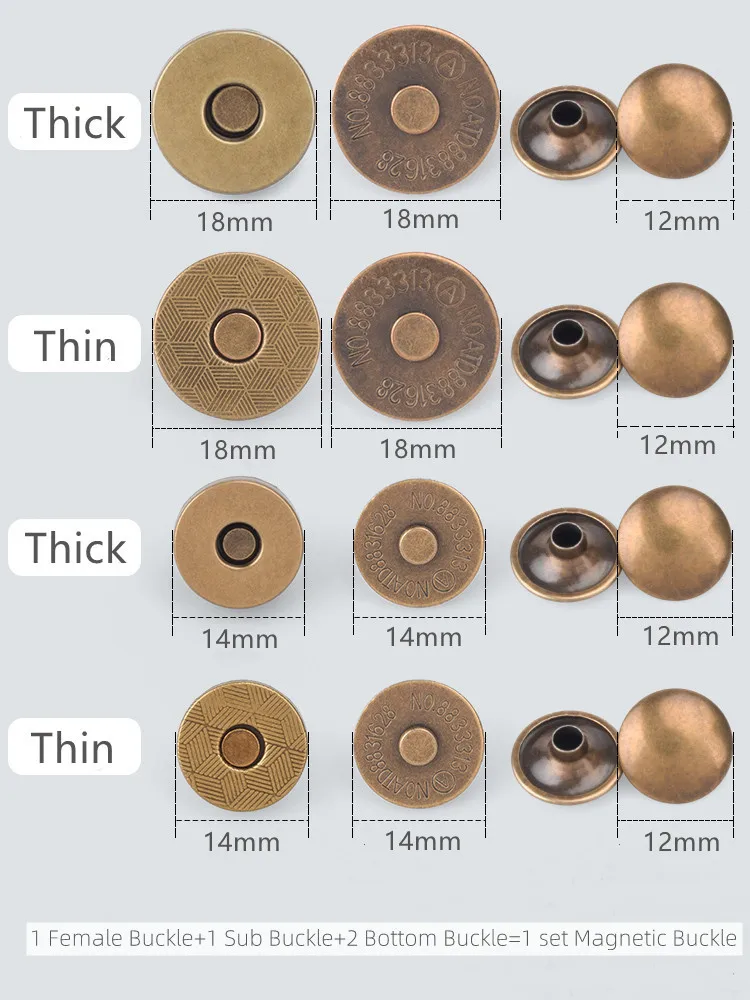 10 Sets Metal Double Rivet Magnetic Clasps Buttons Fastener Bag Press Buckle Purses Handbag Clothes DIY 14/18mm