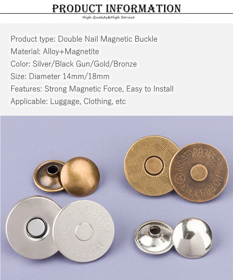 10 Sets Metal Double Rivet Magnetic Clasps Buttons Fastener Bag Press Buckle Purses Handbag Clothes DIY 14/18mm