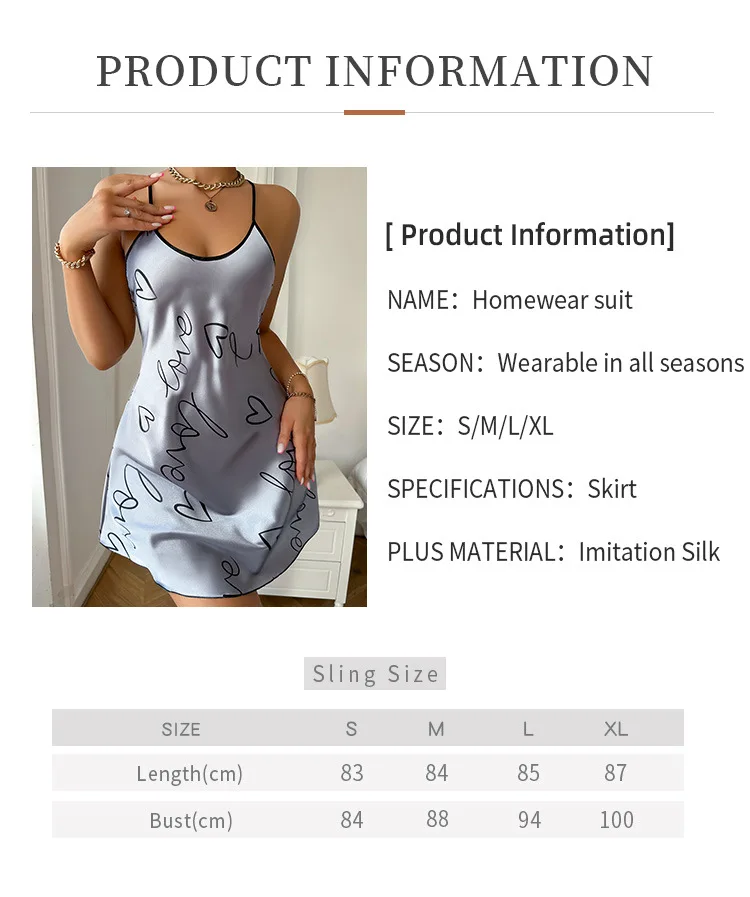 Heart Print Nightdress Elegant Scoop Neck Criss Cross Back Sleep Dress Women's Sleepwear
