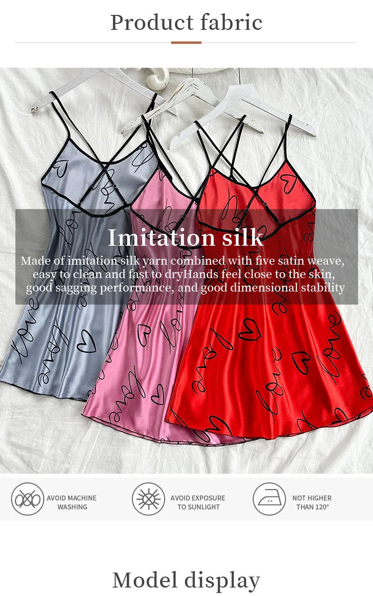 Heart Print Nightdress Elegant Scoop Neck Criss Cross Back Sleep Dress Women's Sleepwear