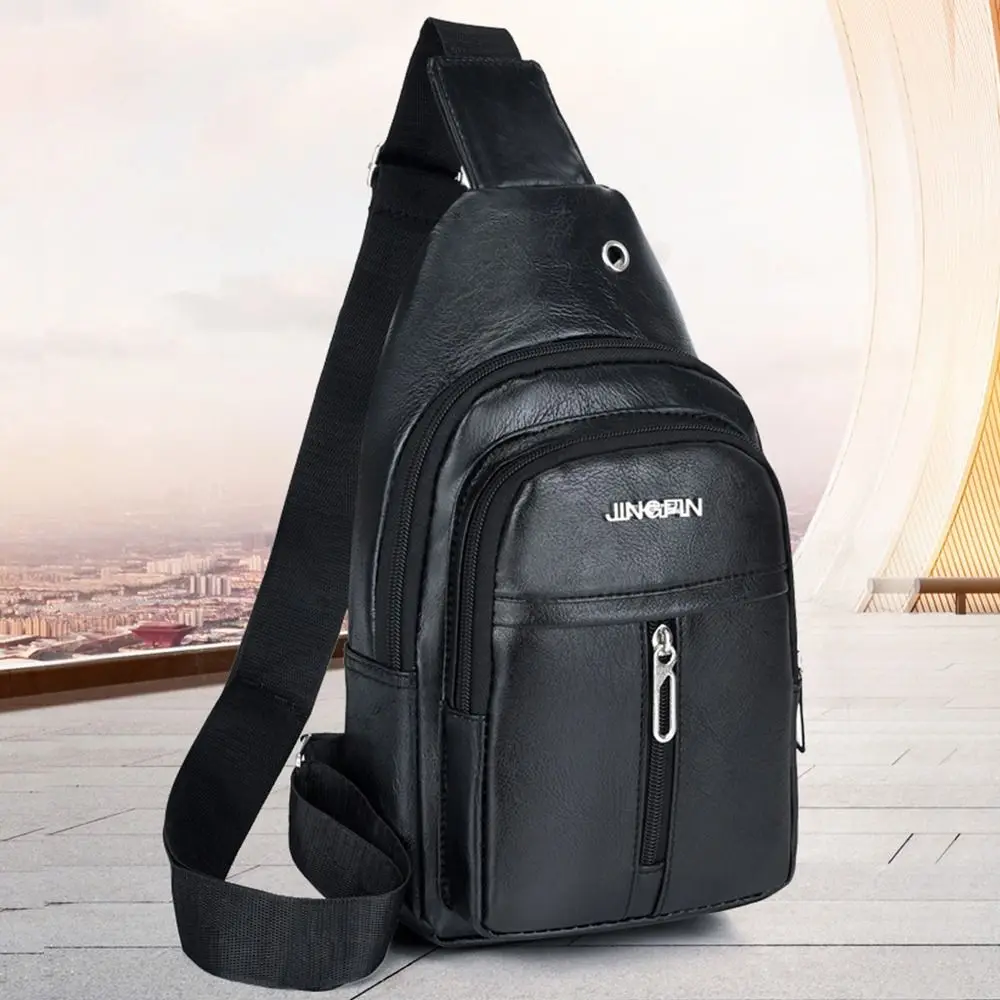 Solid Color Men's Sling Bag Fashion PU Leather Large Capacity Crossbody Bag with Earphones Hole Anti-theft Chest Bag