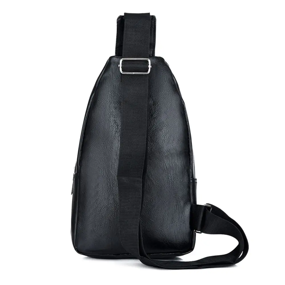 Solid Color Men's Sling Bag Fashion PU Leather Large Capacity Crossbody Bag with Earphones Hole Anti-theft Chest Bag