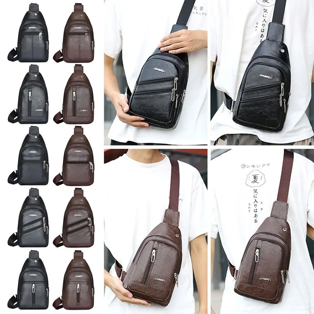 Solid Color Men's Sling Bag Fashion PU Leather Large Capacity Crossbody Bag with Earphones Hole Anti-theft Chest Bag