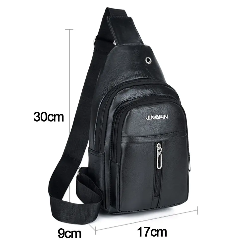 Solid Color Men's Sling Bag Fashion PU Leather Large Capacity Crossbody Bag with Earphones Hole Anti-theft Chest Bag