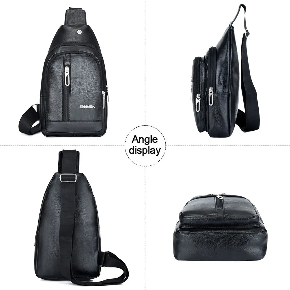 Solid Color Men's Sling Bag Fashion PU Leather Large Capacity Crossbody Bag with Earphones Hole Anti-theft Chest Bag