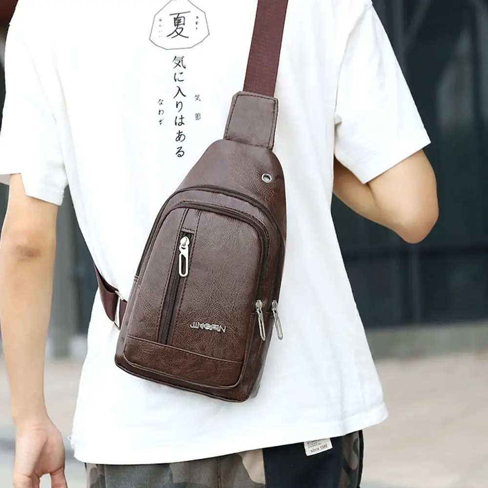 Solid Color Men's Sling Bag Fashion PU Leather Large Capacity Crossbody Bag with Earphones Hole Anti-theft Chest Bag