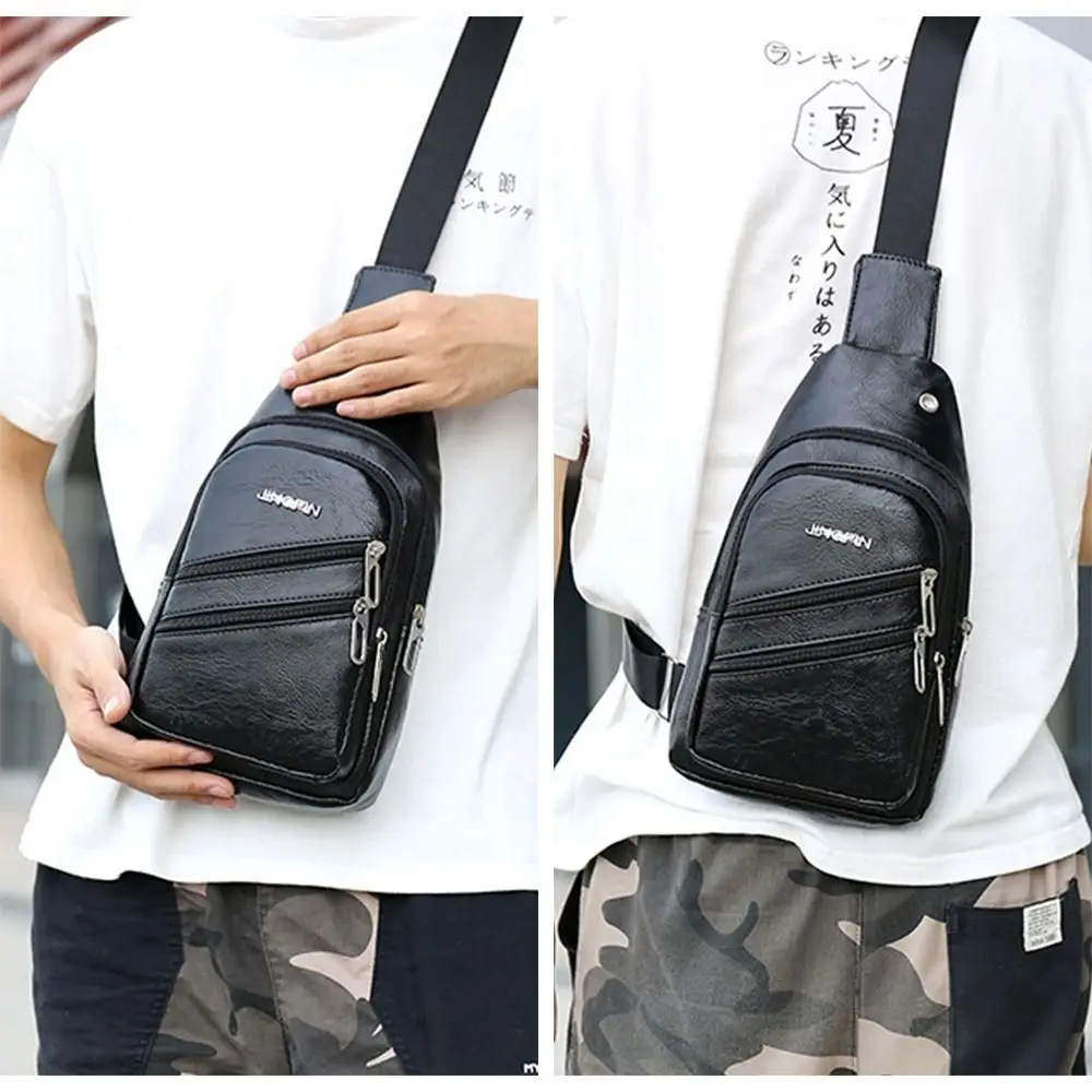 Solid Color Men's Sling Bag Fashion PU Leather Large Capacity Crossbody Bag with Earphones Hole Anti-theft Chest Bag