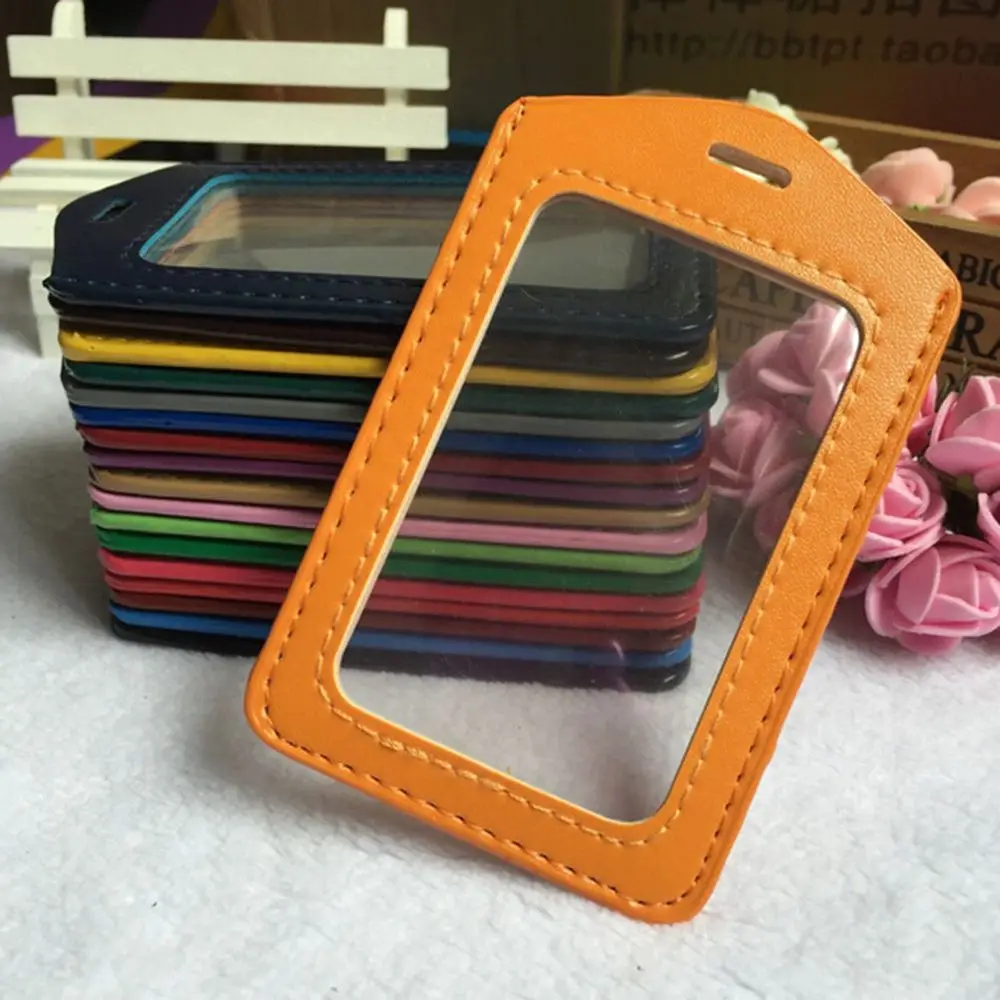 Id Pu Leather Card Holders Badge Case Clear With Color Border And Lanyard Holes Men Women Business Card Holder