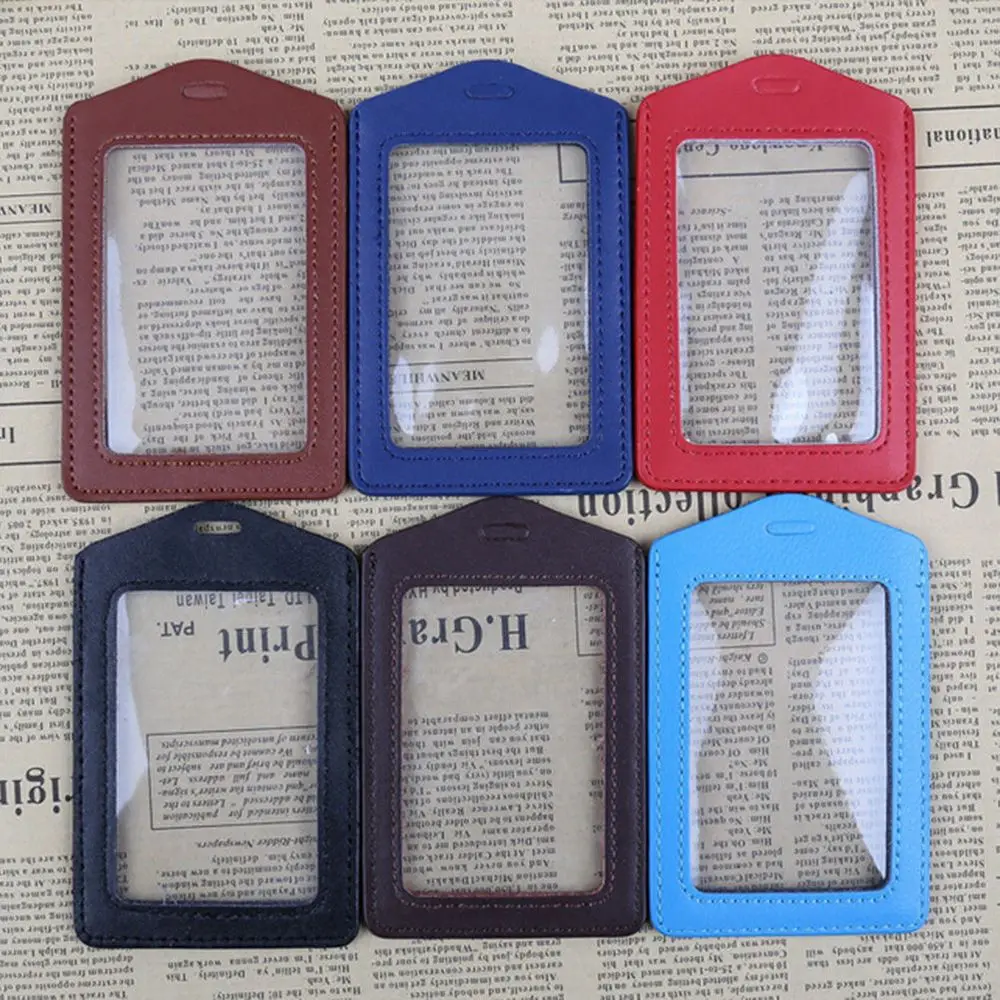Id Pu Leather Card Holders Badge Case Clear With Color Border And Lanyard Holes Men Women Business Card Holder