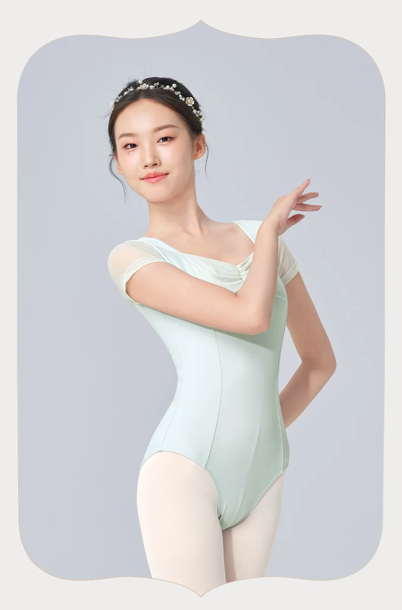 Black Ballet Leotard for Women Short Sleeve Dance Bodysuit Soft Mesh Splicing Gymnastic Outfits Breathable Ballerina Wear